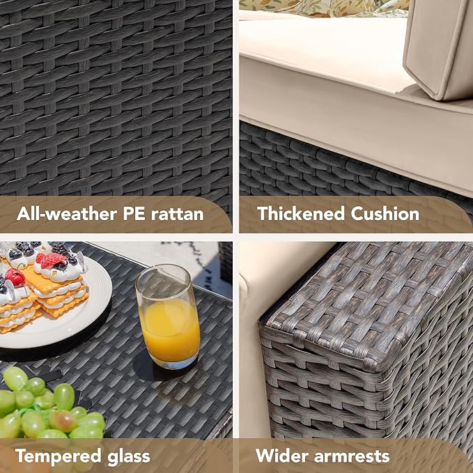 Devoko Patio Furniture Sets 6 Pieces Outdoor Sectional Rattan Sofa Manual Weaving Wicker Patio Conversation Set with Glass Table and Cushion (Beige)