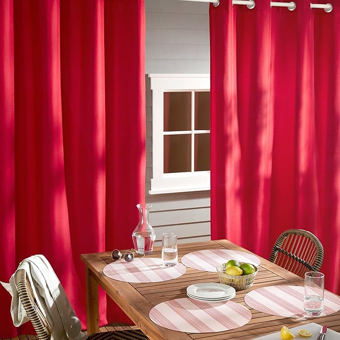 TOWN & COUNTRY BASICS Cabana Solid Heavyweight Indoor Outdoor Curtains, Light Filtering Opacity with Grommet Top, Water Repellent, 2-Pack Set, 54"x108", Radiant Red