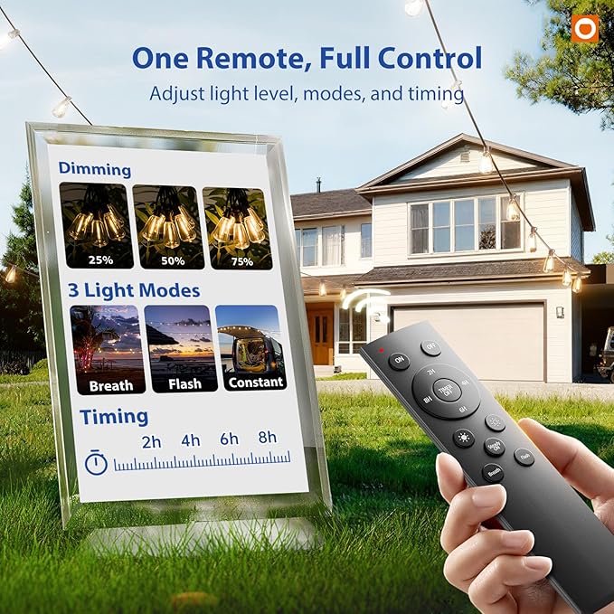 addlon 100FT(50FT*2) LED Outdoor String Lights with Remote Waterproof Patio Lights with 54 Shatterproof ST38 Replaceable Bulbs(4 Spare), Dimmable Outside Hanging Lights Connectable for Porch, Backyard