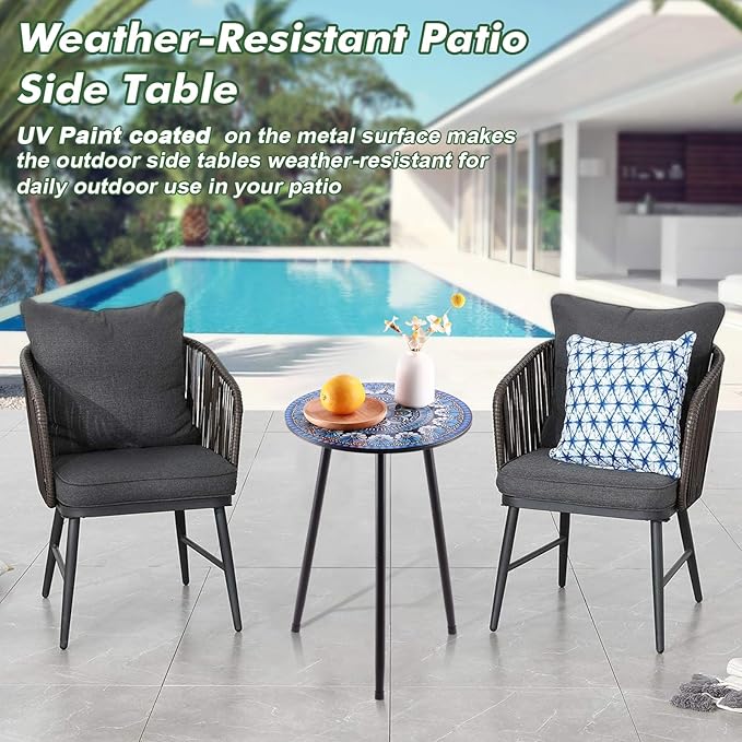 Metal Outdoor Side Tables Set of Two Small Outside Round End Table for Patio Modern Accent Garden Corner Table for Small Spaces, Balcony, Porch, Weather-Resistant, Plant Stand Indoor, Blue
