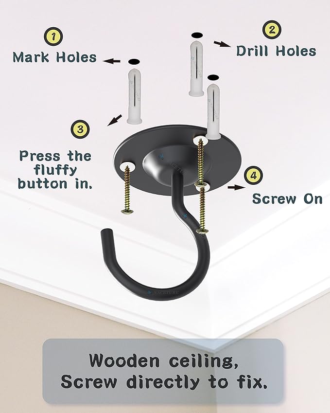 NACETURE Ceiling Hooks for Hanging Plants 3 Pack - Plant Hanger Indoor Hanging Hooks Metal Plant Bracket Iron Lanterns Hangers for Wind Chimes (Black 3 Pack + Chain)