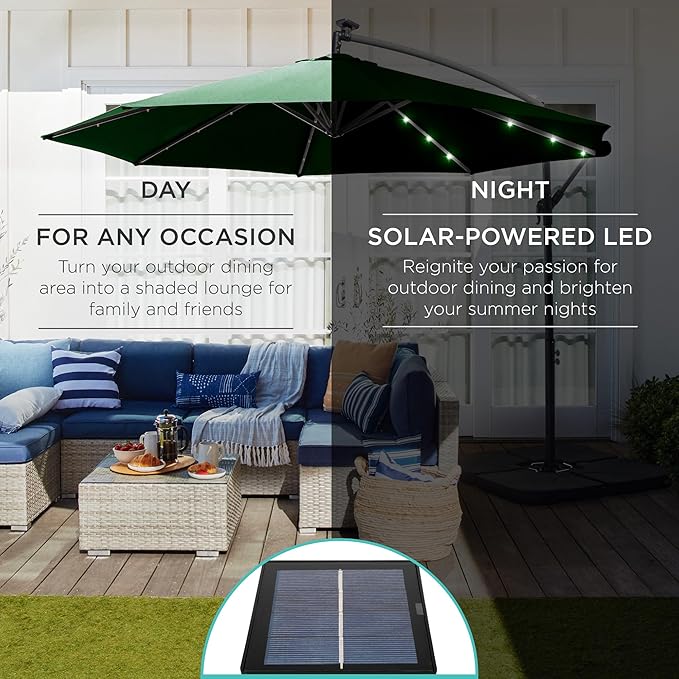 Best Choice Products 10ft Solar LED Offset Cantilever Hanging Market Patio Umbrella, 8 Sturdy Ribs, Easy Adjustment - Green