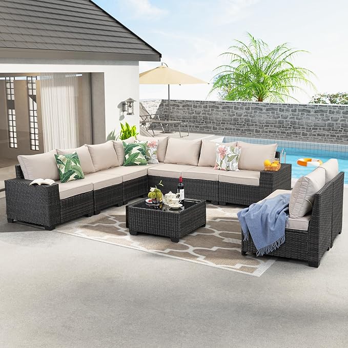10 Pieces Patio Furniture Set All-Weather Outdoor Wicker Sectional Conversation Sofa Rattan Patio Seating Sofa with Cushion and Glass Table for Porch Poolside,Beige