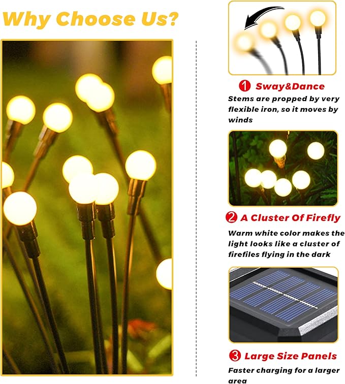 Solar Lights Outdoor-6Pack 48LEDs Solar Garden Firefly Lights Outside,Solar Powered Light Outdoor and Garden Decorative IP65 Waterproof,Yard Patio Pathway Decor,Gardening Gifts for Women,Warm White