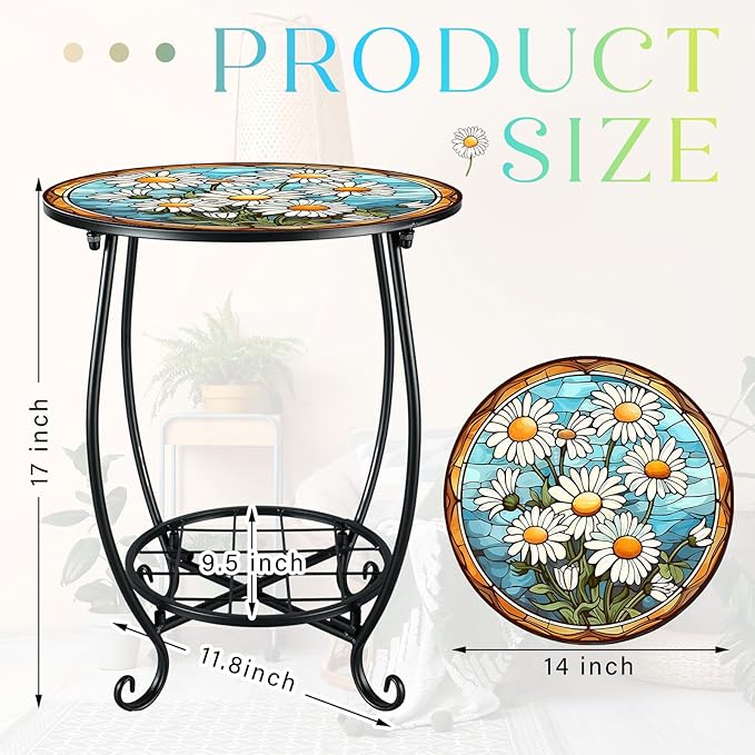 Outdoor Side Table Round Small Mosaic Patio Accent Indoor End Plant Coffee Tea Table for Yard Patio Porch Garden Living Room, Bedroom(Daisy Style,14 Inch)