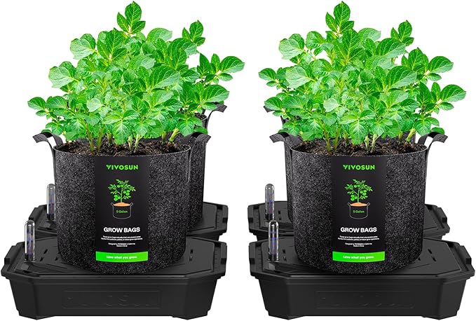 VIVOSUN 4-Pack FlexFeed Self-Watering Pots with Grow Bags, Auto Irrigation Fabric Pot Base with Water Meter & Maintenance Window, for Use Indoors/Outdoors in Grow Tents, Greenhouses, Gardens