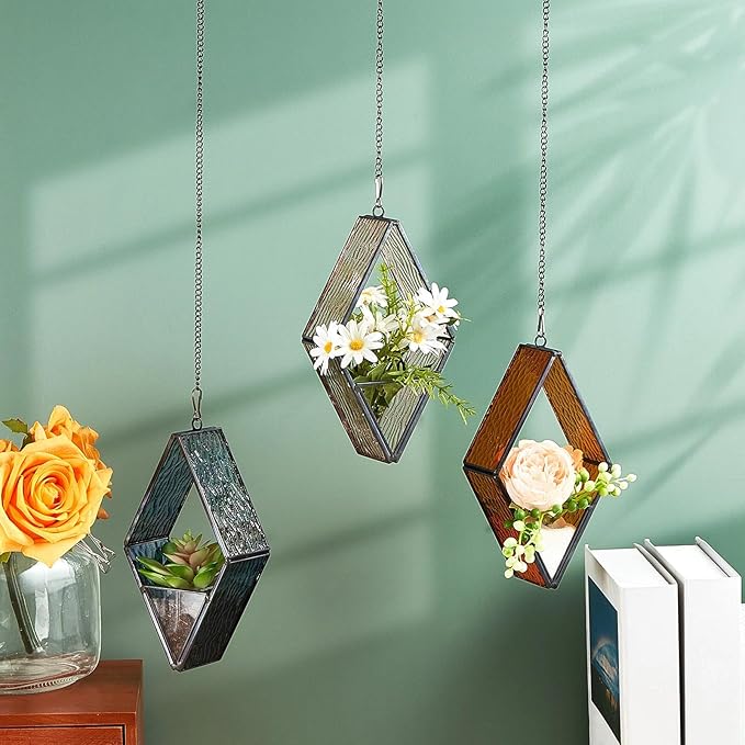 Yaomiao 3 Pcs Stained Glass Hanging Plant Terrariums Hanging Glass Planter Small Geometric Terrarium Air Plant Terrarium with Chain for Succulent Moss Holders Garden Wall Windowsill (Vivid Color)