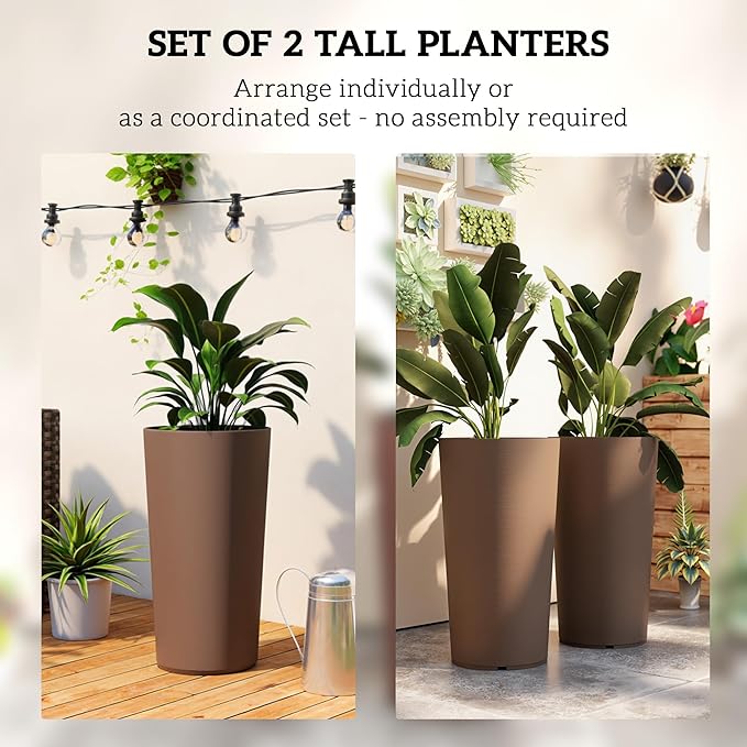 Outsunny 29 Inch Tall Planters for Outdoor Plants, Set of 2 Plastic Flower Pots with DIY Drainage Holes, Stackable Large Planters for Indoor Plants, Front Porch Decor, Brown