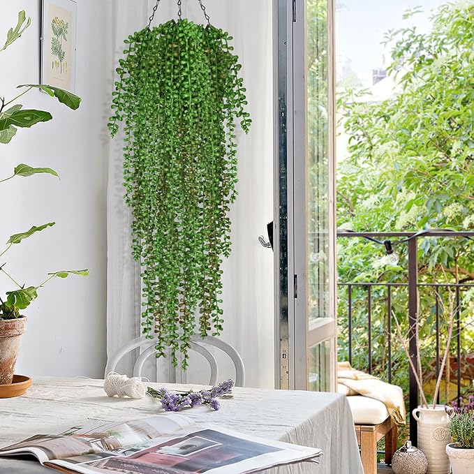 Waipfaru 4Pcs Artificial Hanging Plants, Fake Vines Fake Hanging Plants for Outdoors UV Resistant Ivy Artificial Plants Outdoor Faux Plants Indoor Bedroom Living Room Boho Wall Porch Shelf Decor