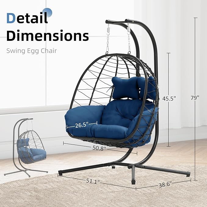 Double Egg Chair with Stand Hammock Swing Chair Foldable Hanging Loveseat, UV Resistant Removable Cushions, 700LBS Capacity for Bedroom, Balcony, Garden(BK-BL)