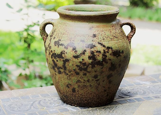 Egyptian Era Designed Earthen Ware Terra-Cotta Vessel/Planter with Looped Handles (Fat Belly Winter Green)
