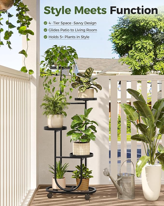 Bamworld Tall Plant Stand Indoor Outdoor Plant Stand with Wheels Heavy Duty Metal Plant Shelf for Multiple Plants Flower Stands for Patio Corner Garden Living Room Balcony, Black