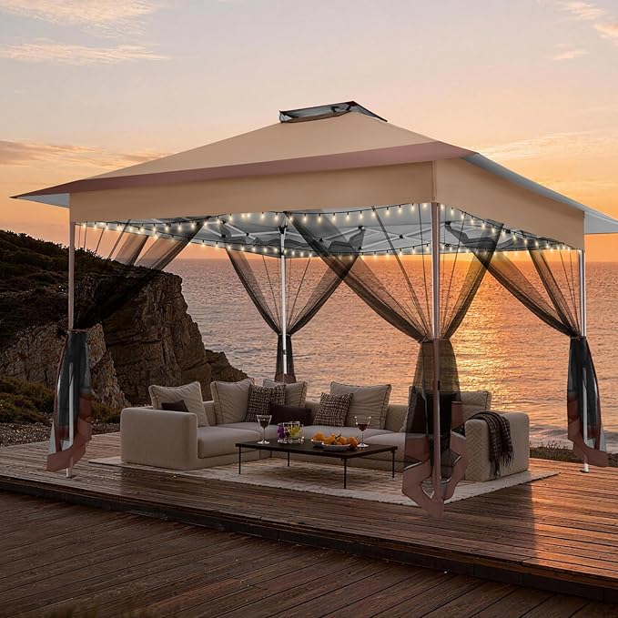 C0BIZI Gazebo 10x15 Pop up Canopy,Gazebos on Clearance-Canopy Tent with Mosquito Netting for Lawn,Garden,Backyard & Patio-Outdoor Tent-Water Resistant and UPF50+ (Brown)