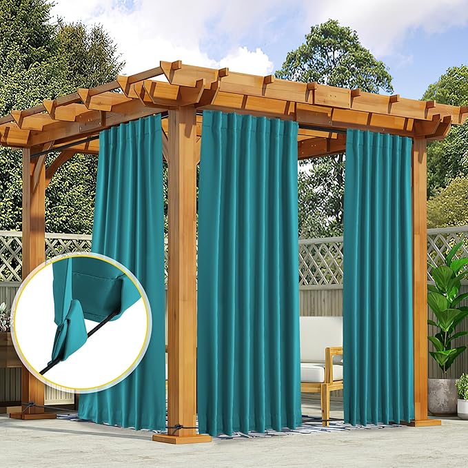 NICETOWN 2 Panels Outdoor Curtains Waterproof Pocket & Back Tab on Top & Bottom, Thermal Insulated Windproof Sun Blocking Outside Privacy Drapes for Patio with Fixed Rope, W52 x L95, Peacock Teal