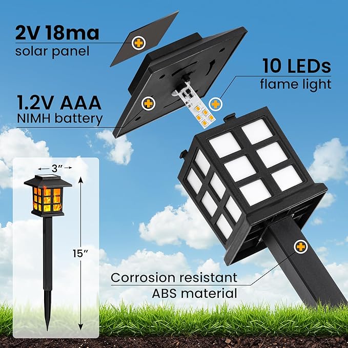 GIGALUMI Solar Lights for Outside,16 Pack Flickering Flame LED Solar Outdoor Lights, Waterproof Garden Light Maintain 10 Hours of Lighting for Christmas, Garden, Landscape, Path, Yard, Patio