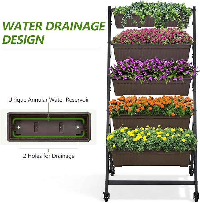 VECELO 5-Tier Vertical Garden Bed, Freestanding Elevated Raised Garden Planter with 5 Garden Planter Boxes, Lockable Caster Wheels, Drainage System, for Plants, Vegetables, Flowers, Herbs