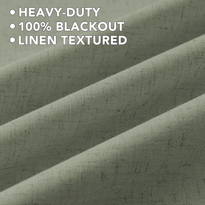 H.VERSAILTEX Linen Curtains 100% Blackout Curtains for Bedroom 45 inch Long Full Light Blocking Nature Linen Blended Window Curtains for Living Room Nickel Grommet (2 Panels, Heathered Dried Sage)