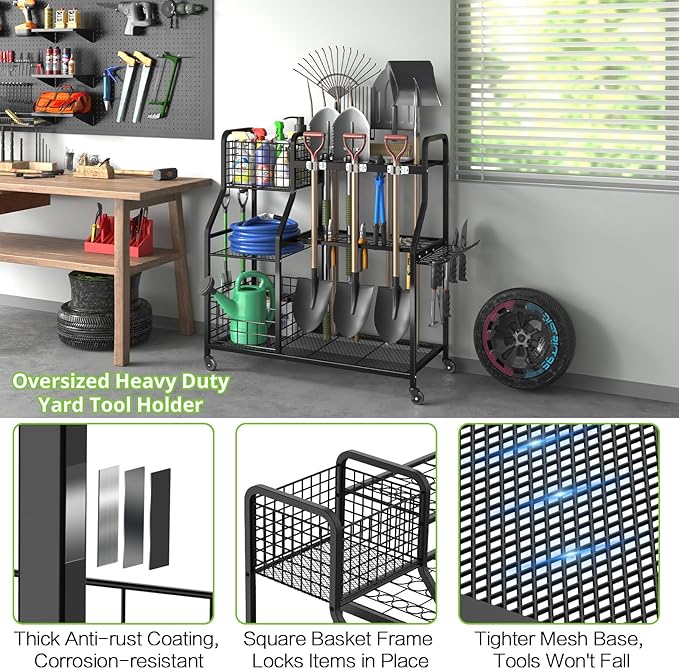 keomaisyto Garden Tool Organizer with Heavy Duty Wheels for Garage - with 2 Baskets, Large Yard Tool Organizer and Storage Holder, Utility Garden Tool Rack for/Shed/Garage/Yard/Basement/Lawn