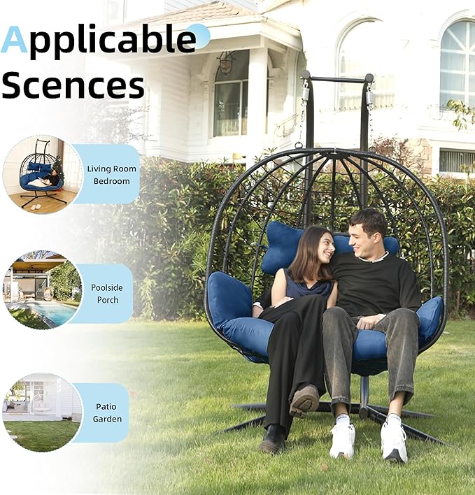 Double Egg Chair with Stand Hammock Swing Chair Foldable Hanging Loveseat, UV Resistant Removable Cushions, 700LBS Capacity for Bedroom, Balcony, Garden(BK-BL)