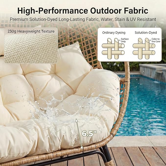 NICESOUL Indoor Outdoor Double Egg Chair with Ottoman Padded Cushions, 57.1" Plus Size XL Wicker Lounge Chair Deep Seating with Footrests, 2 Person Loveseat for Patio Porch Balcony Cream Beige