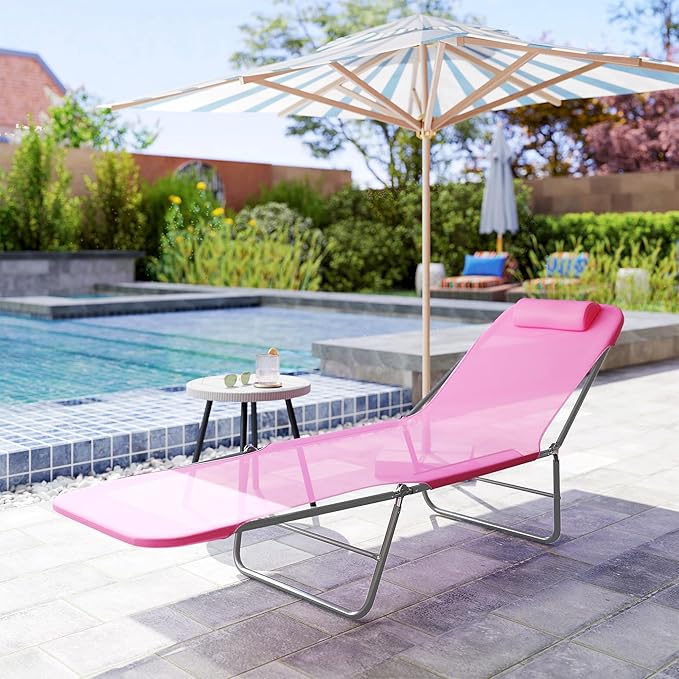Outsunny Folding Chaise Lounge Chair, Pool Sun Tanning Chair, Outdoor Lounge Chair with Reclining Back, Breathable Mesh Seat, Headrest for Beach, Yard, Patio, Pink