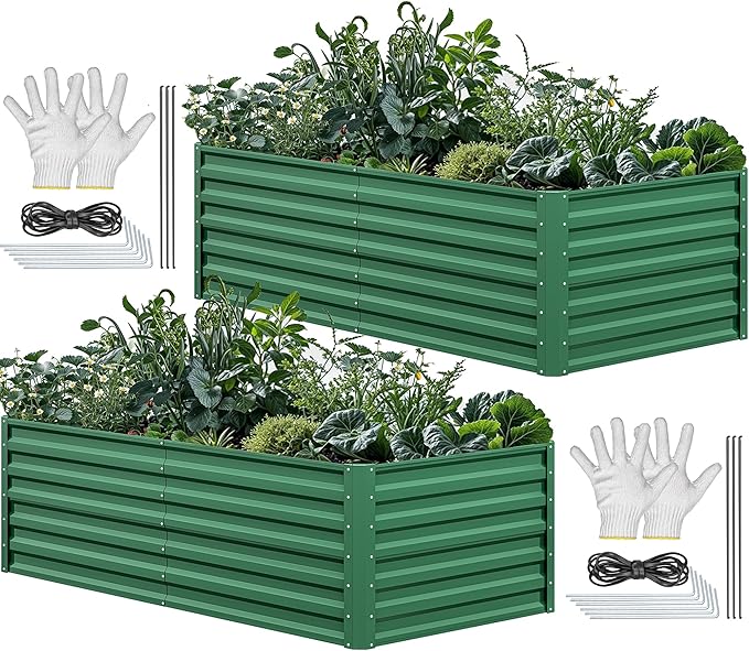 YITAHOME 6x3x2ft 2pcs Large Raised Garden Bed Kit, Galvanized Metal Planter Box with Gloves, Ground Nails, Support Rod, Outdoor Above Ground Planters for Plants Vegetables Flowers, Green