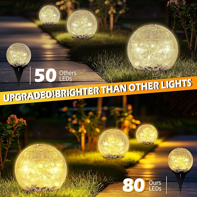 Coroor Garden Solar Ball Lights Outdoor Waterproof, 80 LED Cracked Glass Globe Solar Power Ground Lights for Path Yard Patio Lawn, Halloween Christmas Decoration Landscape Warm White(2 Pack 5.9'')