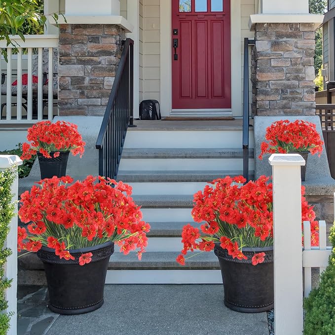 24 Red Bundles Artificial Flowers for Outdoors/Indoors Fake Flowers Plants for Indoor Outside Garden Porch Window Box Home Wedding Farmhouse
