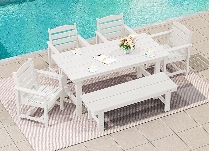 SERWALL Outdoor Dining Set for 6, HDPE Dining Furniture Set with Umbrella Hole Cut-Out Table and 1 Dining Bench and 4 Chairs, All Weather Outdoor Dining Bench Sets, White