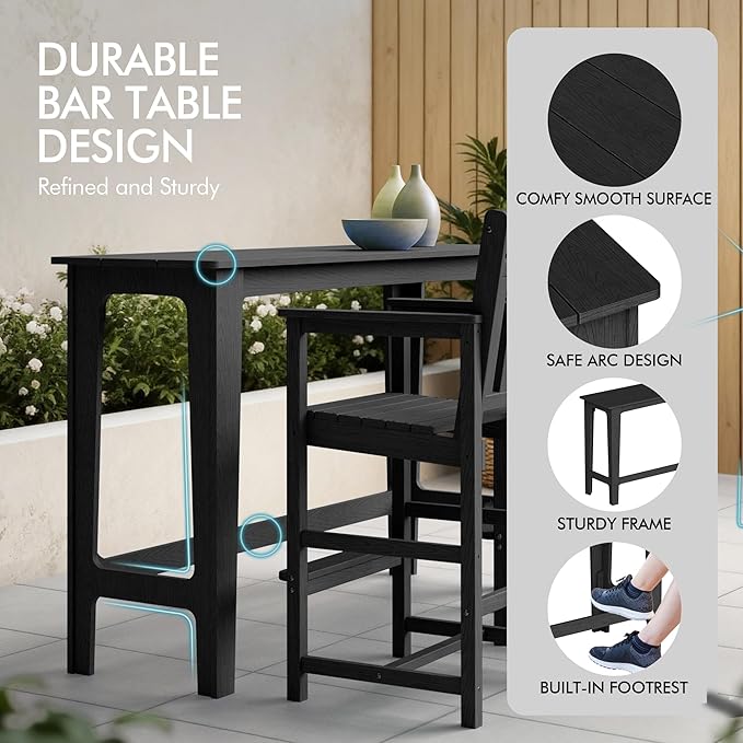 Ciokea 3 Pcs Outdoor Bar Height Table and Stools Set, 60" Extra Long Rectangle High Top Table and 2 Backless Bar Stools, Heavy-Duty All-Weather HDPE Patio Bar Set for Backyard Balcony Deck, Black