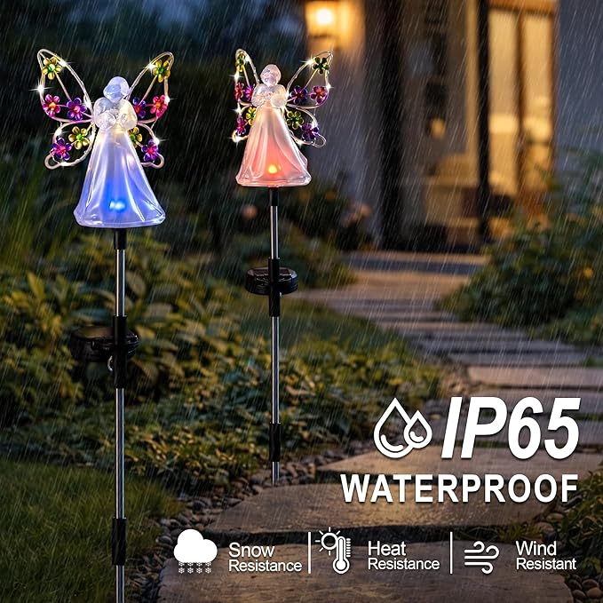 Angel Solar Lights for Cemetery Memorial Gift Grave Decorations Solar Angel Stake Lights Outdoor Waterproof Garden Decor Yard Lawn Ornaments, Angel Gifts for Women 2 Pack