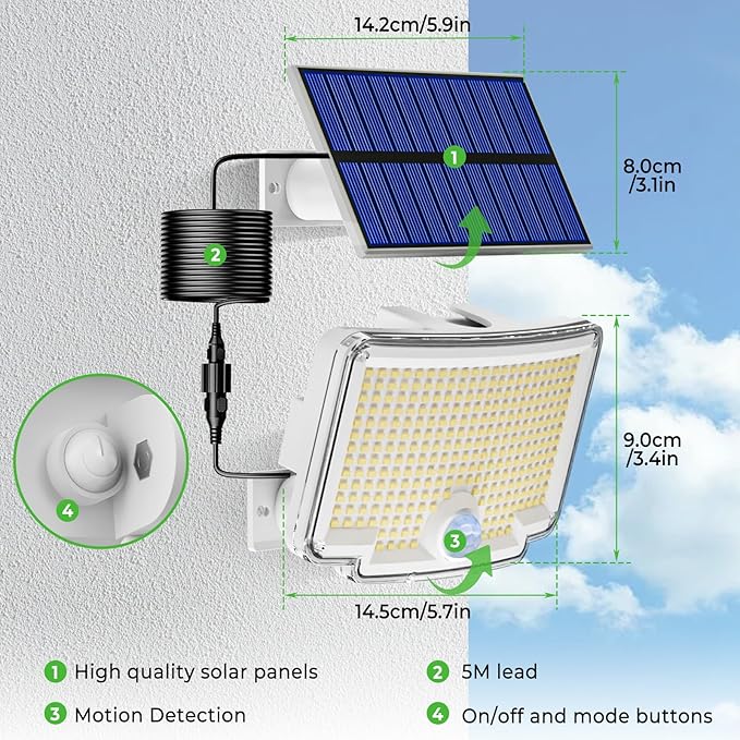 Peasur 2 Pack Solar Motion Lights Outdoor, 318 LED Solar Security Light with 3 Modes, IP65 Waterproof Powered Flood Lights for Outside Patio Garage Yard, (Cool Light,White Frame)