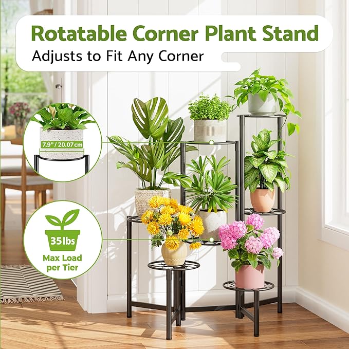 7 Tier Metal Patio Plant Stand Outdoor, Heavy Duty Flower Stands for Indoor Plants, Floding Tall Corner Shelf for Diaplay Racks for Home Decor, Graden, Balcony -BlackDiamond