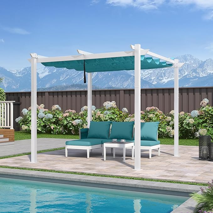PURPLE LEAF 10' x 10' Outdoor Aluminum Pergola White Heavy-Duty Retractable Pergola Patio Metal with Double Sun Shade Canopy for Backyard Gardens Deck, Blue