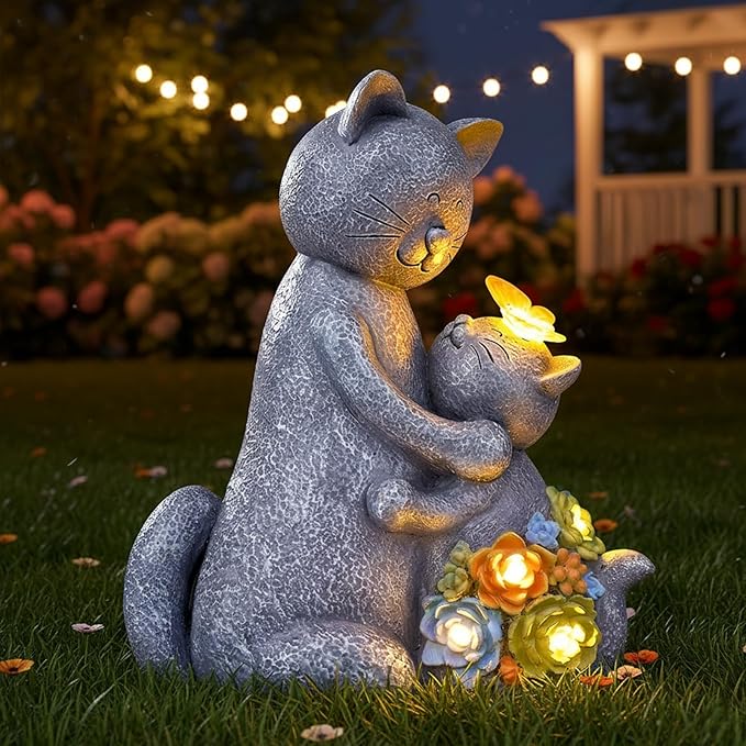 Solar Garden Statues Loving Cat Figurine Lights for Outside, Yard Decorations Outdoor, Garden Decor Unique Mothers Day Birthday Housewarming Gifts for Mom, Women, Lover