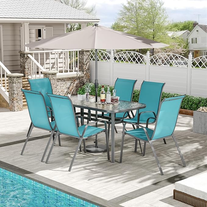 TLSUNNY 7 Pieces Patio Dining Set, Outdoor Table and Chairs W/1.69″ Umbrella Hole, 30"X 55" Table and Stackable Textilene Chair, All Weather Patio Furniture Set (Umbrella not Included)