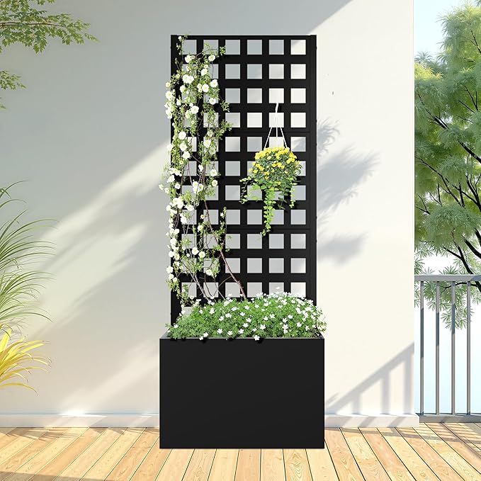 FENCY Metal Planter Box with Trellis, Planter Trellis for Climbing Plants Vegetable Vines, Trellis with Planter Box & Privacy Screen, Raised Garden Bed with Drainage Holes (23.6" L x 63" H/Lattice)