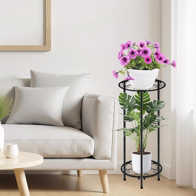 CASIMR Plant Stand Indoor Outdoor, Metal Rustproof Flower Shelf 2 Tier 23.9 inch, Tall Multiple Plant Pot Holder Rack for Garden Patio Living Room Corner Balcony, 2 Pack Black