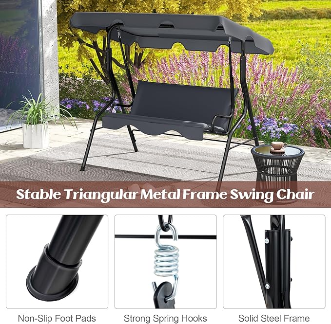 Tangkula 3 Person Porch Swing, Patio Swing with Removable Cushion & Powder-Coated Steel Frame, Outdoor Swing with Canopy for Porch, Backyard, Garden, Balcony (Gray)