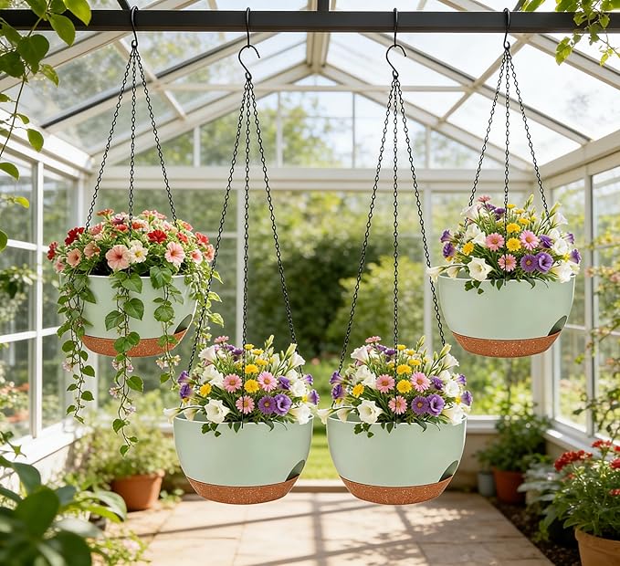 Set of 2-8 Inch Self Watering Hanging Planters for Indoor Outdoor，Hanging Plant Pots with Drainage & Removable Tray, Hanging Pots Holder for Ivy, Pothos, Ferns, Balcony & Patio, Green Brown