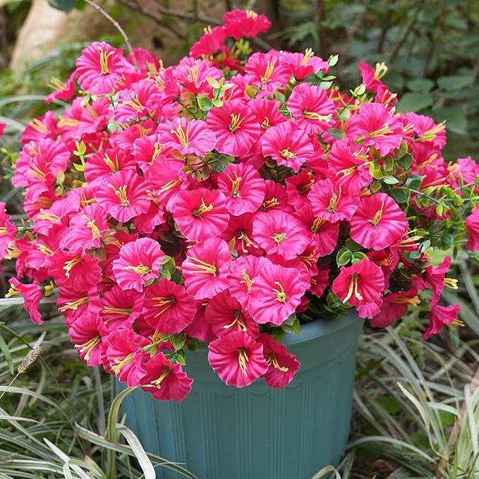 Artificial Flowers for Outdoors, UV Resistant Fake Silk Morning Glory, Realistic Faux Plants for Outside Porch Patio Window Box Hanging Planter (16, Hot Pink)