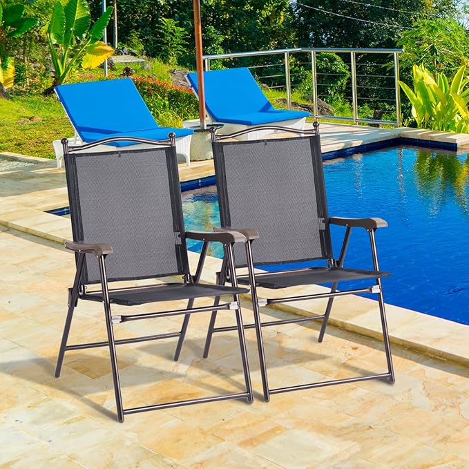 Giantex Set of 2 Patio Folding Chairs, Outdoor Patio Dining Chairs w/Armrest, Sling Back, Metal Frame, Outside Use for Lawn Camping Garden Pool Beach Yard Lounge, No Assembly, Black