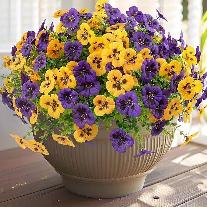 36 Pcs Artificial Fake Pansy Flowers for Outdoor, Faux UV Resistant Silk Pansies Flowers for Outside Planter Front Door Porch Yard Patio Window Box Home Decor (36, Yellow,Purple)