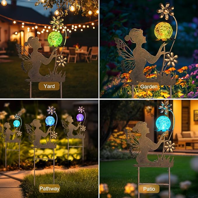HONGLAND Solar Lights Fairy Garden Decor for Outside,Fairy Figurine Decorative Stake Housewarming Gifts for Patio Lawn Yard Pathway Outdoor Decor-Unique Valentines Day Gifts for Women Mom Grandma