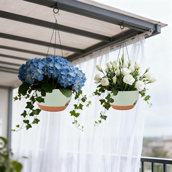 Set of 2-8 Inch Self Watering Hanging Planters for Indoor Outdoor，Hanging Plant Pots with Drainage & Removable Tray, Hanging Pots Holder for Ivy, Pothos, Ferns, Balcony & Patio, Green Brown