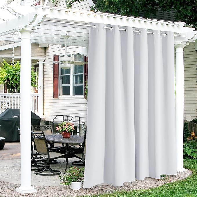 RYB HOME Outdoor Curtains for Patio Waterproof Block Sunlight Thermal Insulated Privacy Assured Thick Outside Curtains for Porch, Gazebo, Pergola, W84" x L95", Greyish White, 1 Panel