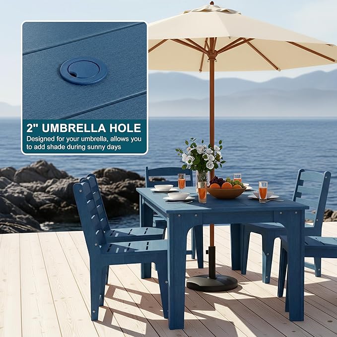HDPE Patio Dining Set for 6, Weather-Resistant Outdoor Table with Umbrella Hole, Never Sagging One-Piece Tabletop with Metal Support Bars for Poolside Backyard Garden (Blue)