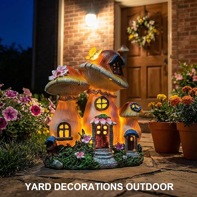 Solar Garden Statue Lights Mushroom Mothers Day Decorations Fairy House Figurine Lights, Outdoor Memorial Garden Ornaments Waterproof Decoration for Outside Patio Yard Lawn Decor