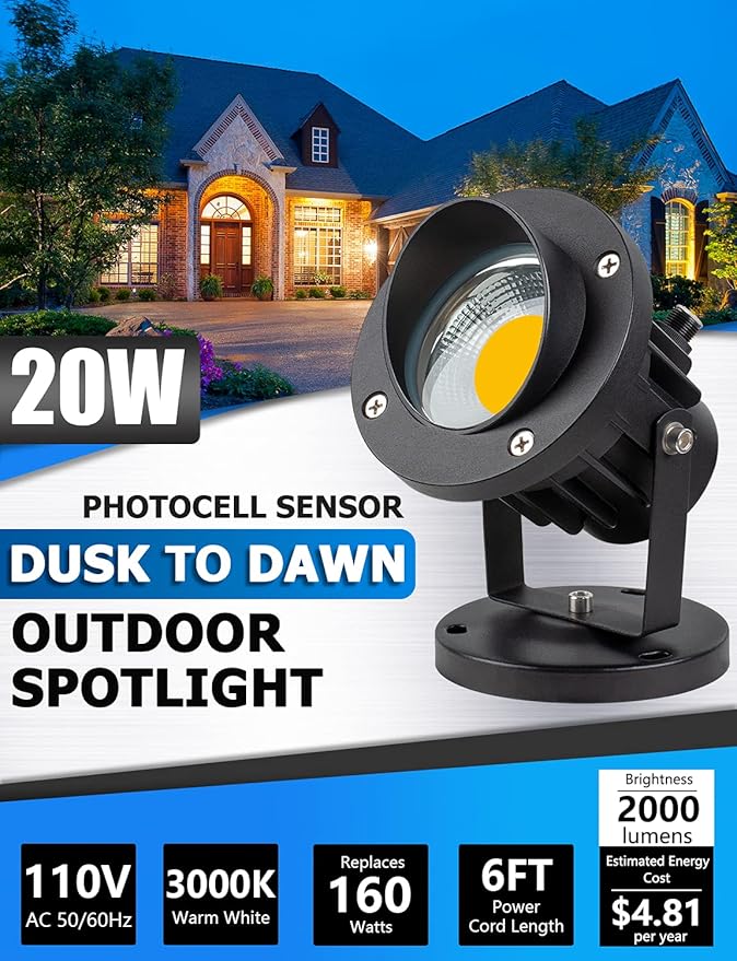 SUNVIE 20W Outdoor LED Spotlight with Photocell Sensor 120V Waterproof Dusk to Dawn Landscape Lighting 3000K Warm White Spot Lights Outdoor for Yard Flag Tree Garden Decor 6 FT Cord with US 3-Plug in