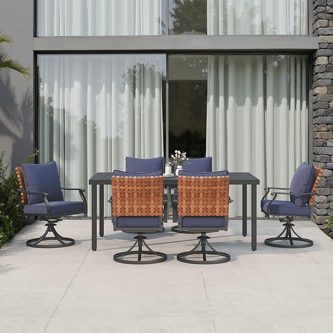 Grand patio 7-Piece Outdoor Dining Set, 6 Leather-Look Wicker Swivel Patio Chairs & 1 Straight Legs Rectangular Dining Table, Blue